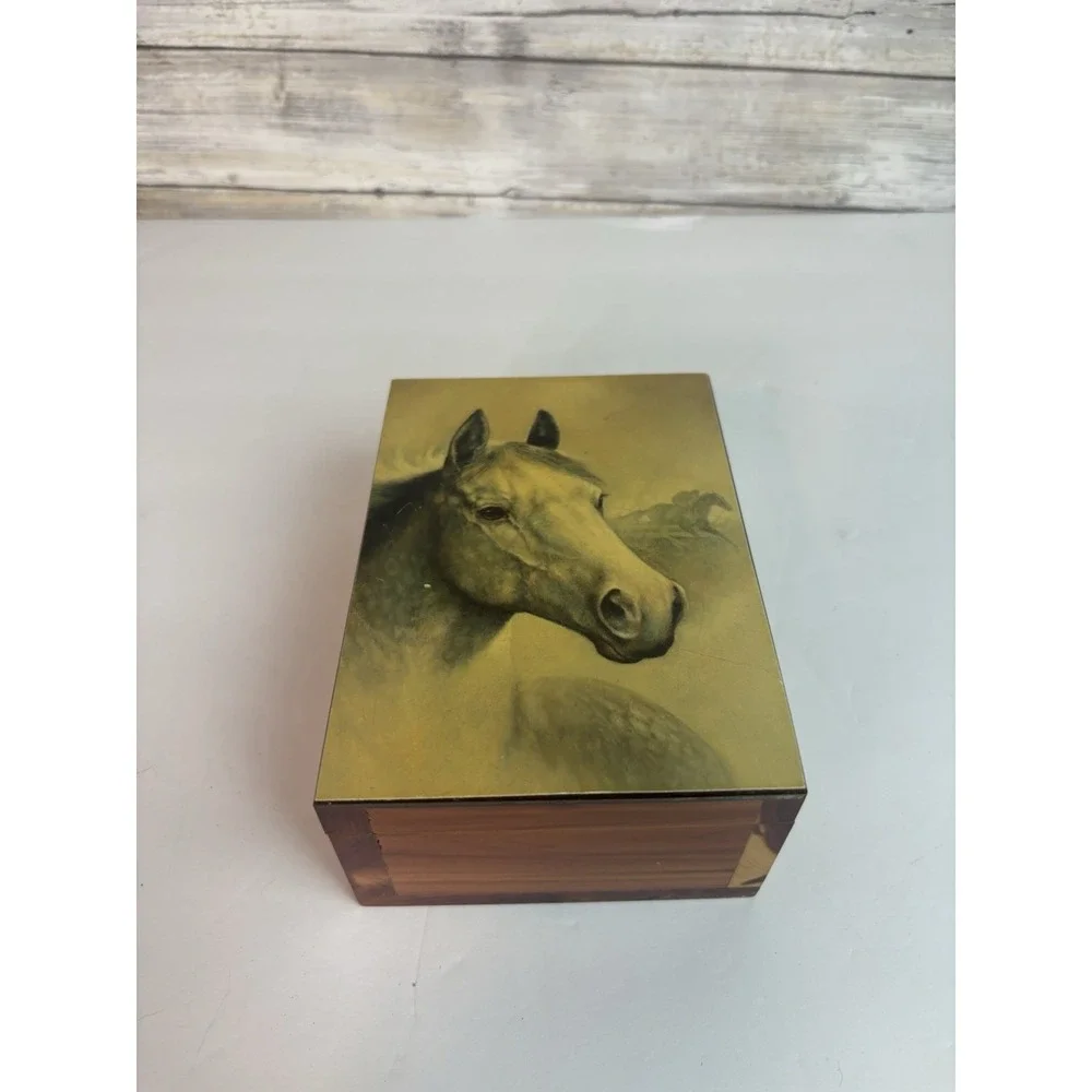 Cedar Wood Trinket Box With Horses Vintage 4x6
